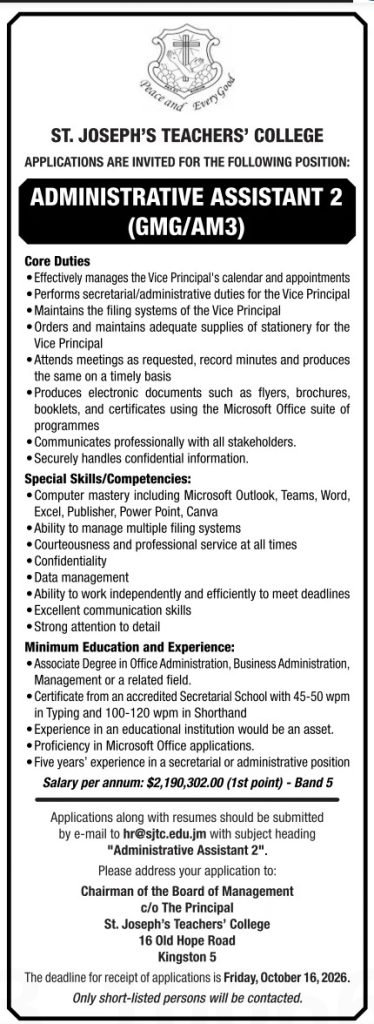 Job advertisement: St. Joseph’s Teachers’ College Hiring Administrative Assistant 2