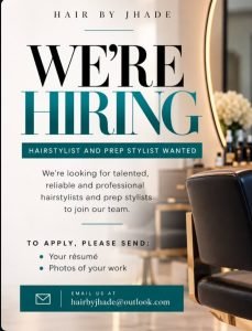Job advertisement: Hairstylist & Prep Stylist Job Vacancies – Hair by Jhade, Jamaica