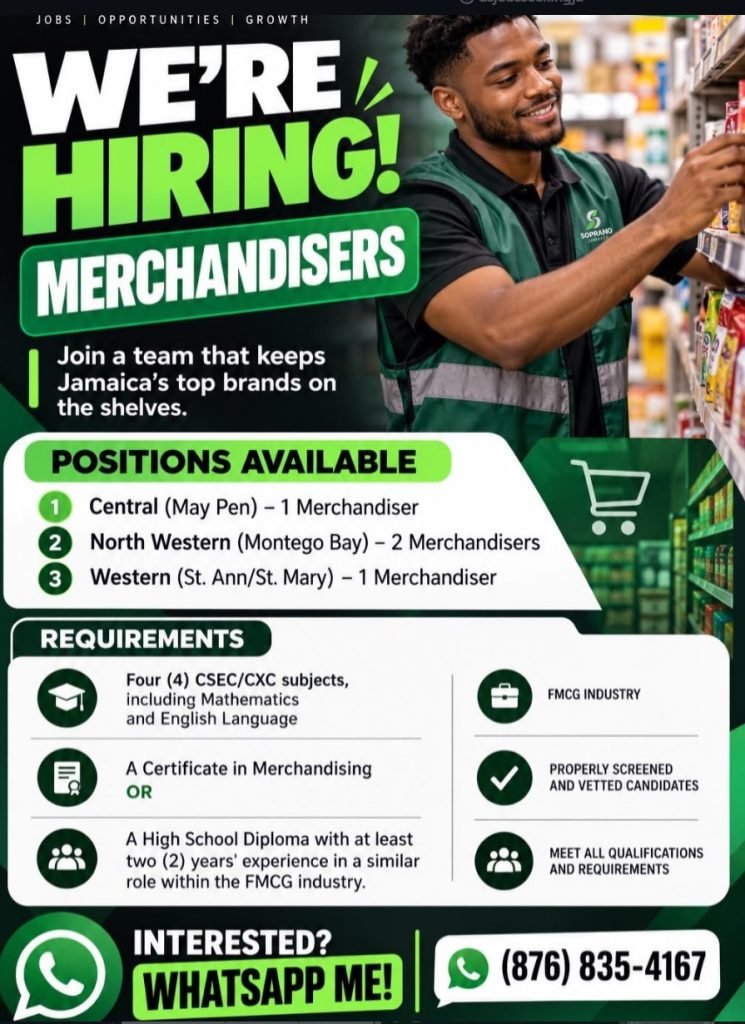 Job advertisement: Merchandiser Jobs in Jamaica – May Pen, Montego Bay & St. Ann/St. Mary