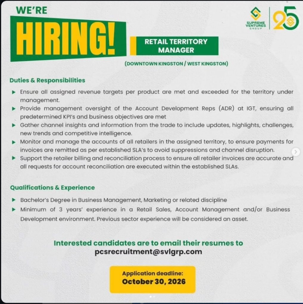 Job advertisement: Retail Territory Manager Job Vacancy – Supreme Ventures, Kingston, Jamaica