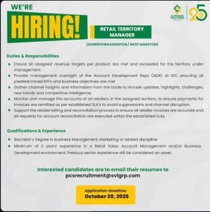 Job advertisement: Retail Territory Manager Job Vacancy – Supreme Ventures, Kingston, Jamaica