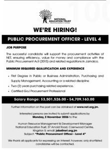 Job advertisement: Public Procurement Officer – Level 4 Vacancy | National Education Trust, Jamaica