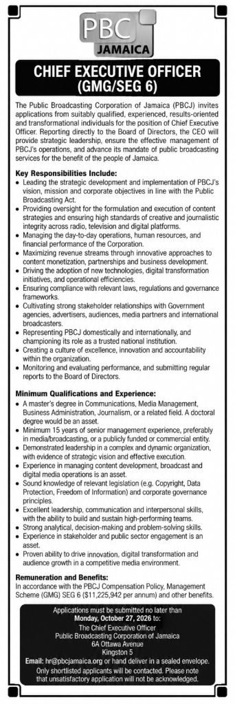 Job advertisement: PBC Jamaica Hiring Chief Executive Officer (CEO)