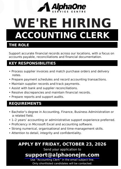 Job advertisement: Accounting Clerk Vacancy – AlphaOne Service Centre, Jamaica