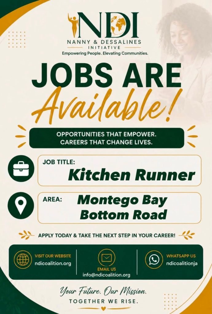Job advertisement: Kitchen Runner Job in Montego Bay, St. James – NDI