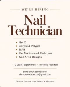 Job advertisement: Nail Technician Job Vacancy – Demure Couture Luxe Studio, Kingston, Jamaica
