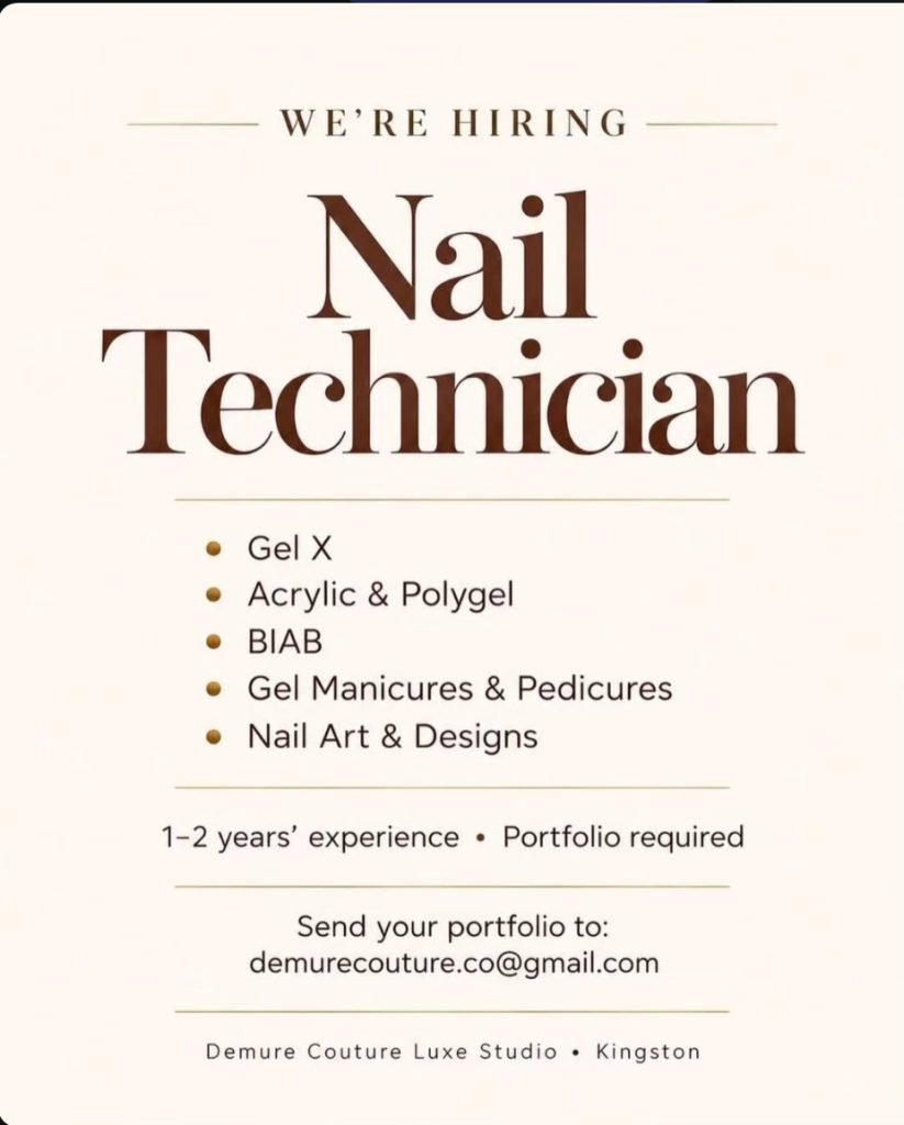 Job advertisement: Nail Technician Job Vacancy – Demure Couture Luxe Studio, Kingston, Jamaica