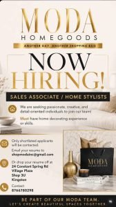 Job advertisement: Sales Associate & Home Stylist Job Vacancies – Moda Homegoods, Kingston, Jamaica
