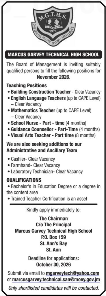 Job advertisement: Teaching & Administrative Jobs – Marcus Garvey Technical High School, Jamaica 2026