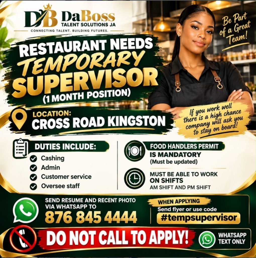 Job advertisement: Temporary Restaurant Supervisor Job in Kingston – 1 Month Position