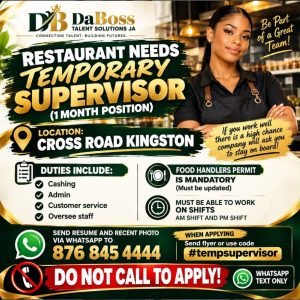 Job advertisement: Temporary Restaurant Supervisor Job in Kingston – 1 Month Position