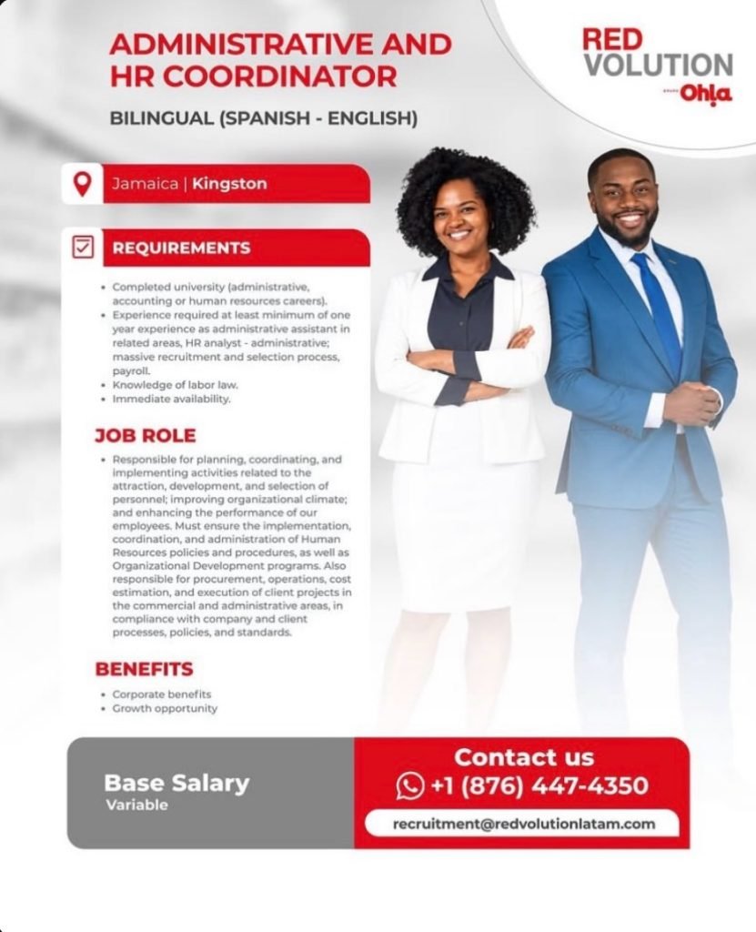 Job advertisement: Bilingual Administrative & HR Coordinator Job Vacancy – Redvolution, Kingston, Jamaica