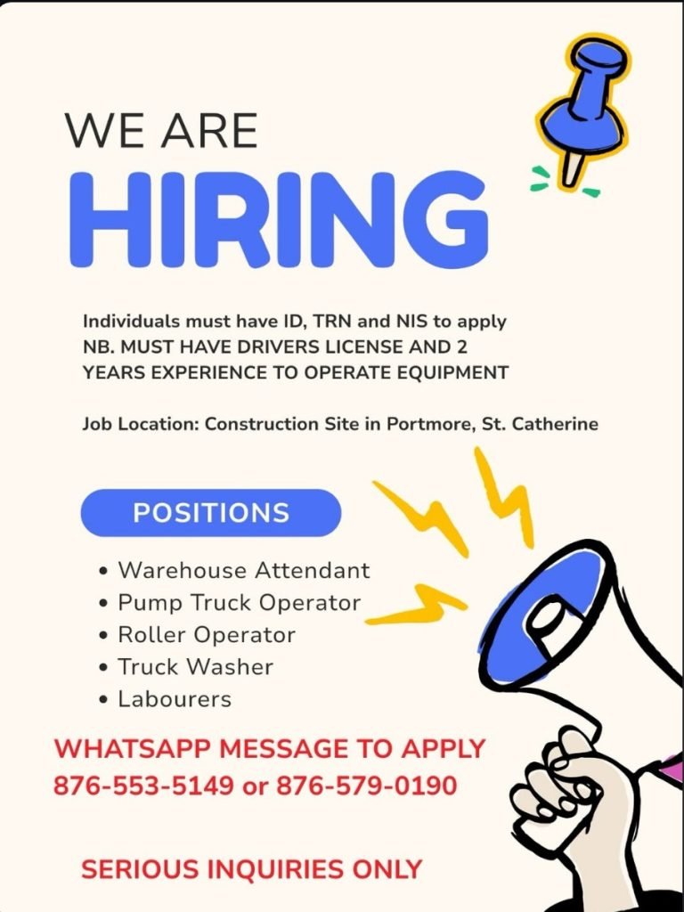 Job advertisement: Construction Jobs in Portmore, St. Catherine – 5 Positions Available