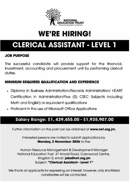 Job advertisement: Clerical Assistant – Level 1 Vacancy | National Education Trust, Jamaica