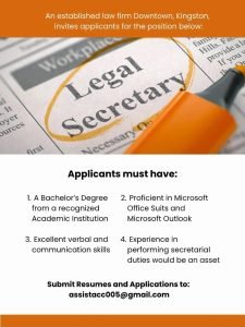Job advertisement: Legal Secretary Job Vacancy – Downtown Kingston