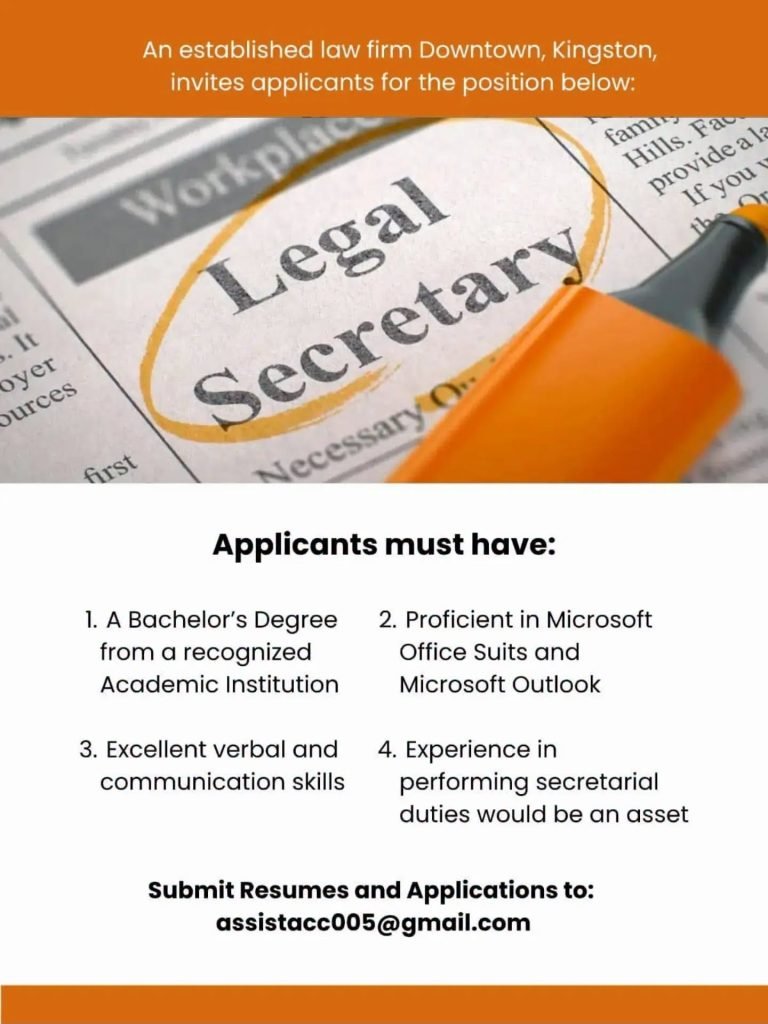 Job advertisement: Legal Secretary Job Vacancy – Downtown Kingston