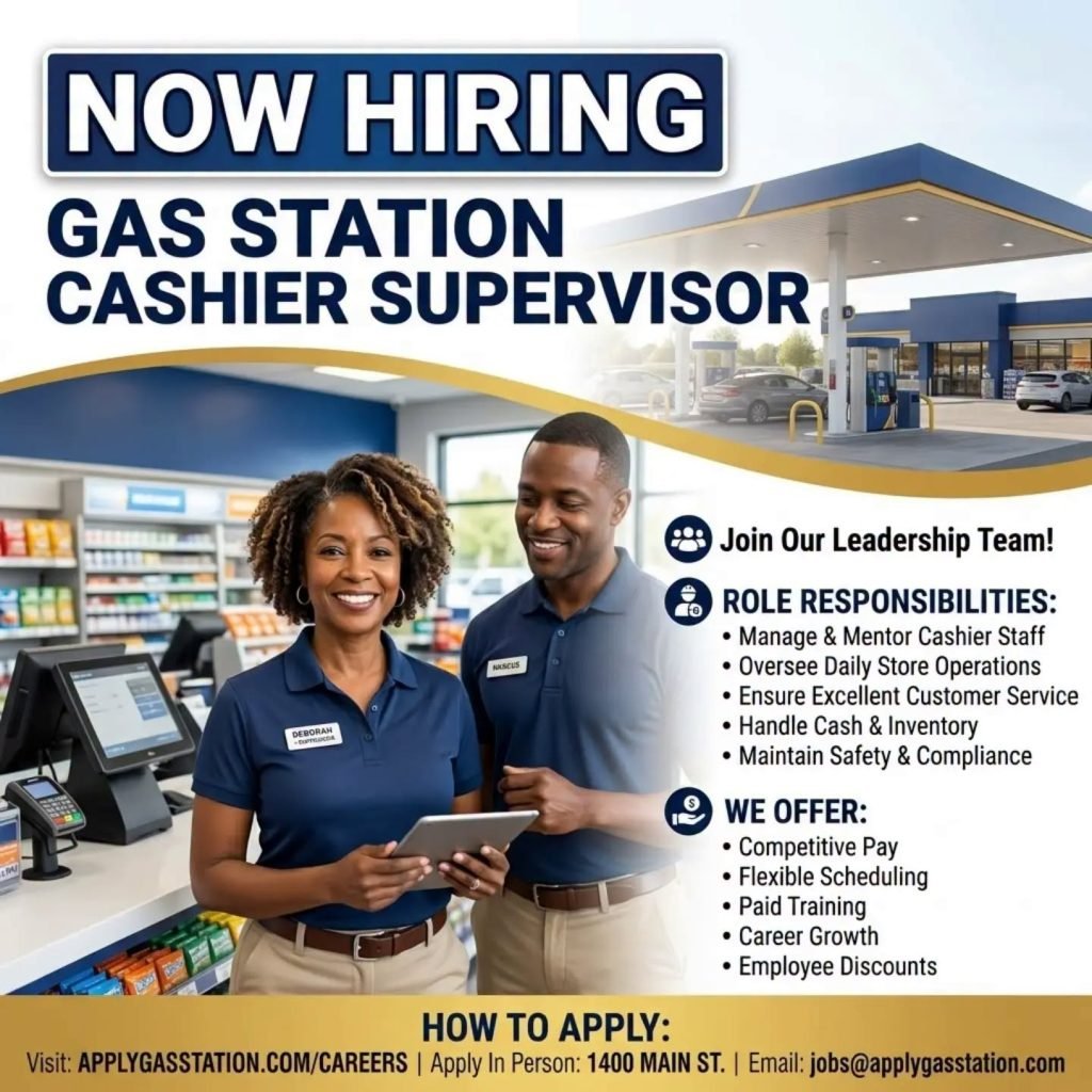 Job advertisement: Gas Station Cashier Supervisor – Now Hiring