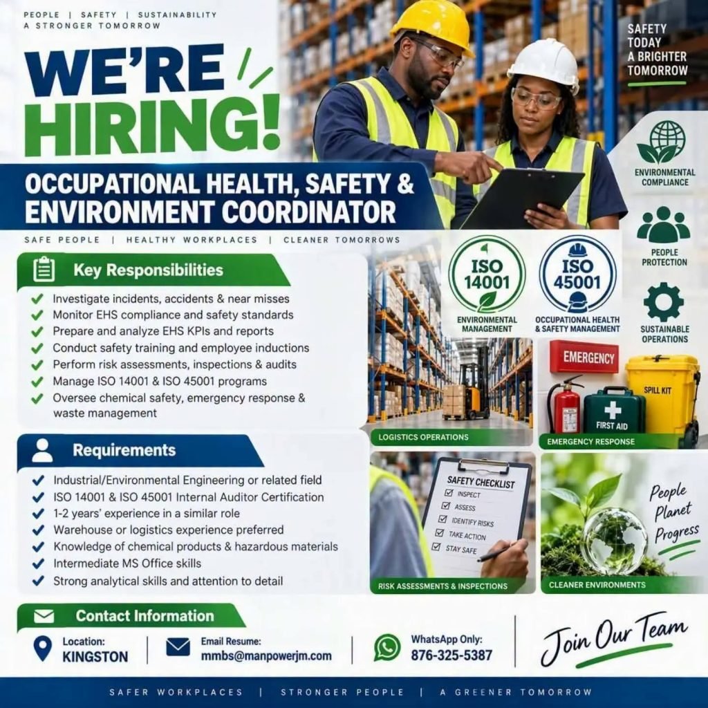 Job advertisement: Occupational Health, Safety & Environment Coordinator Wanted in Kingston, Jamaica – MMBS Hiring
