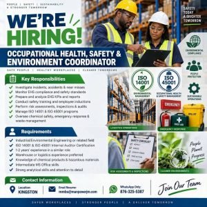 Job advertisement: Occupational Health, Safety & Environment Coordinator Wanted in Kingston, Jamaica – MMBS Hiring