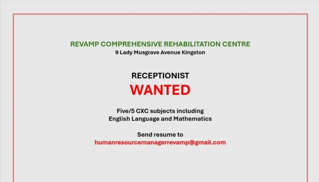 Job advertisement: Receptionist Wanted at Revamp Comprehensive Rehabilitation Centre in Kingston, Jamaica