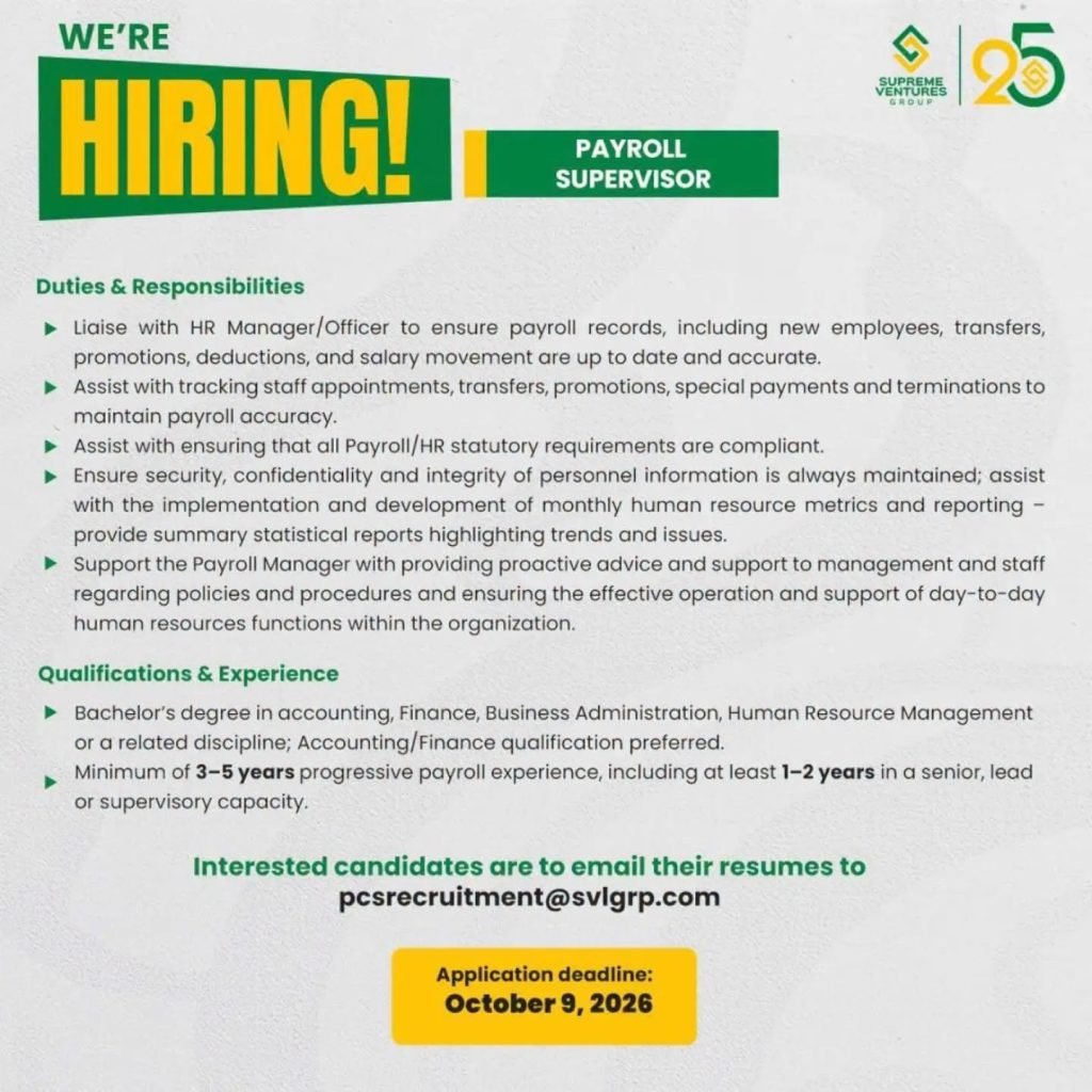 Job advertisement: Payroll Supervisor Job Vacancy at Supreme Ventures Group Jamaica – Apply by October 9, 2026