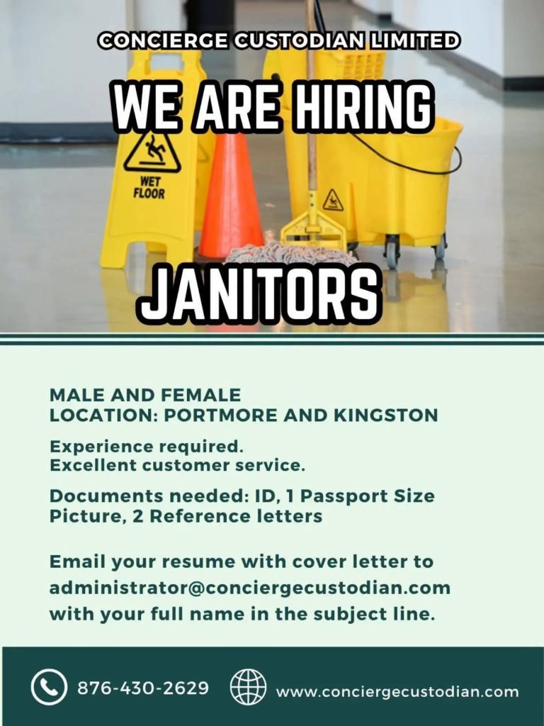 Job advertisement: Concierge Custodian Limited Hiring Janitors in Kingston and Portmore, Jamaica