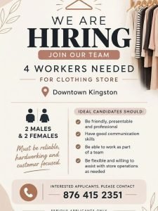 Job advertisement: Clothing Store Hiring 4 Workers in Downtown Kingston