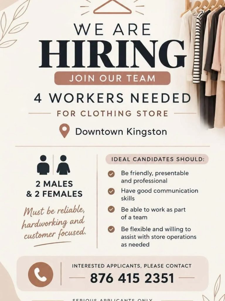 Job advertisement: Clothing Store Hiring 4 Workers in Downtown Kingston