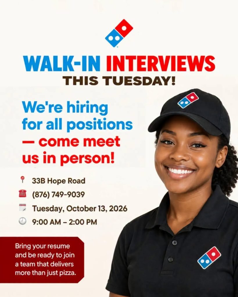 Job advertisement: Domino’s Pizza Jamaica Hiring – Walk-In Interviews for All Positions on October 13, 2026