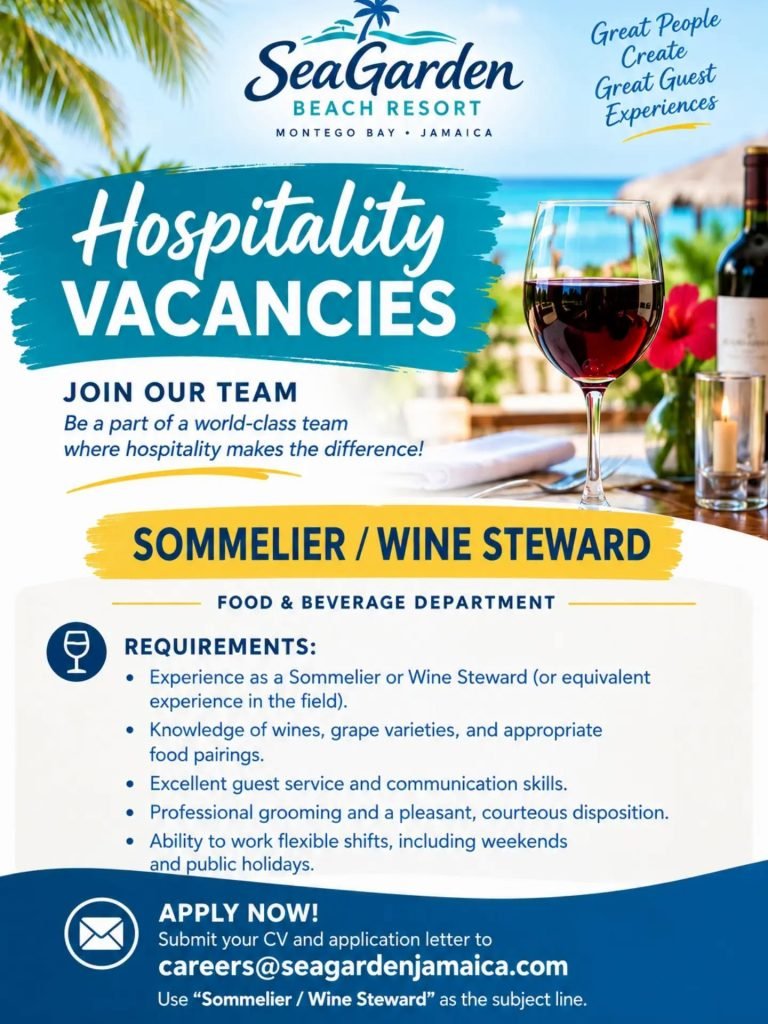 Job advertisement: SeaGarden Beach Resort Hiring Sommelier in Montego Bay