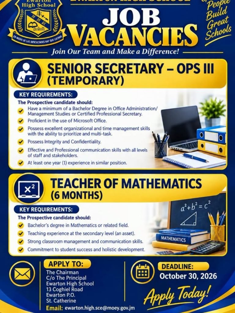 Job advertisement: Ewarton High School Hiring Secretary and Mathematics Teacher