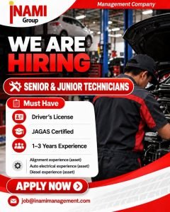 Job advertisement: INAMI Group Hiring Senior & Junior Auto Technicians in Jamaica