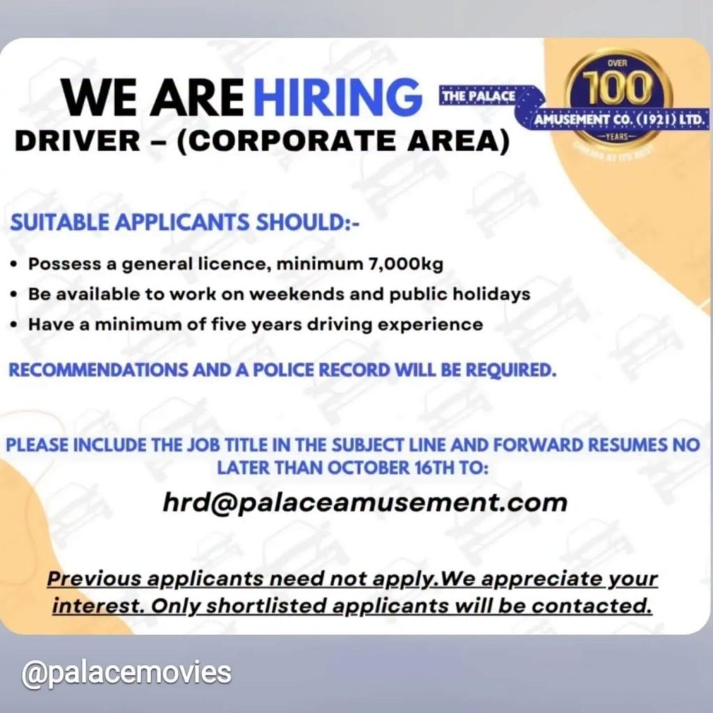 Job advertisement: Palace Amusement Hiring Driver in Kingston, Jamaica