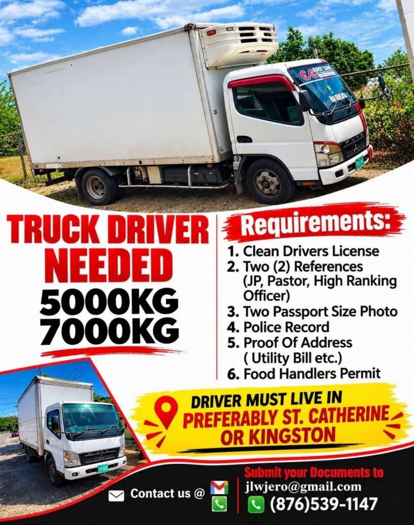 Job advertisement: Truck Drivers Needed in Jamaica – 5,000KG & 7,000KG Trucks