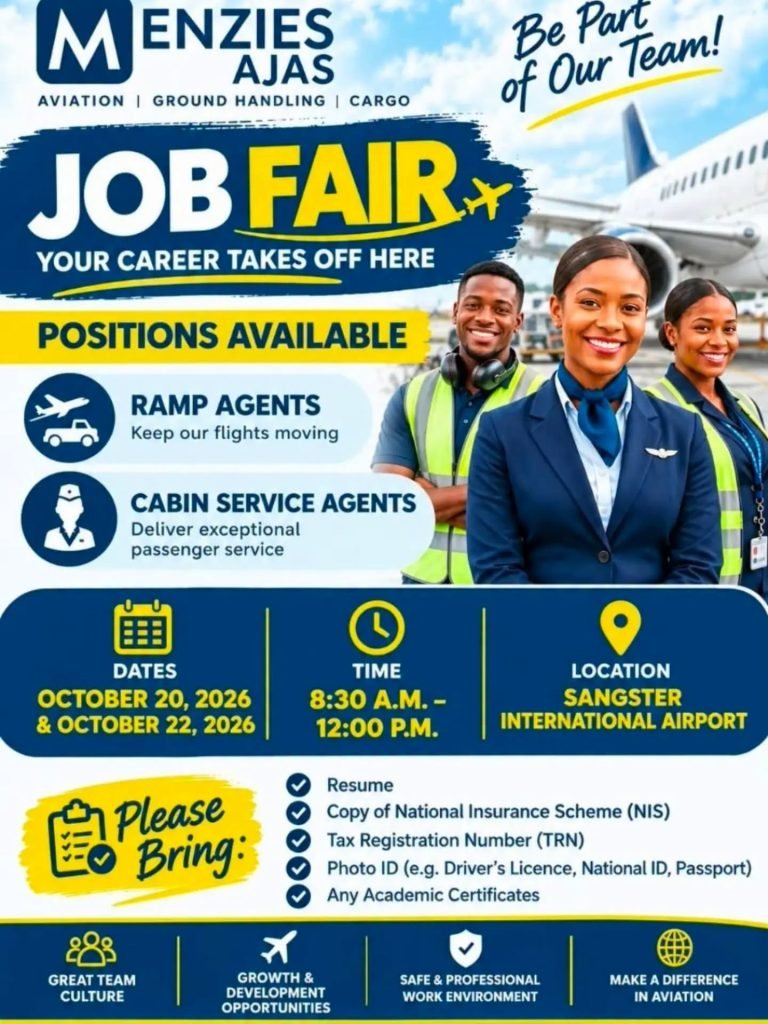 Job advertisement: Menzies AJAS Job Fair in Montego Bay – Ramp Agents & Cabin Service Agents Needed | October 20 & 22, 2026