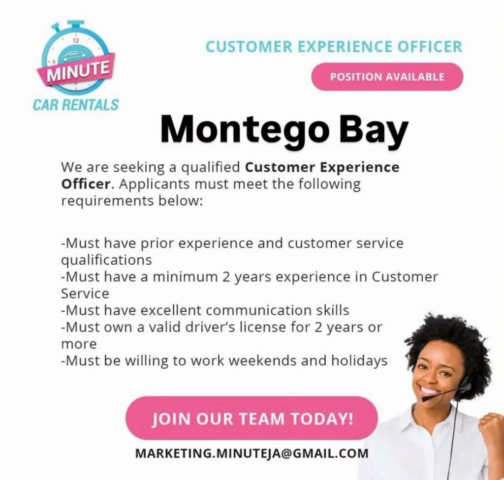 Job advertisement: Customer Experience Officer – Minute Car Rentals | Montego Bay, Jamaica