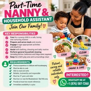 Job advertisement: Part-Time Nanny & Household Assistant – Meadowbrook / Red Hills, Kingston, Jamaica