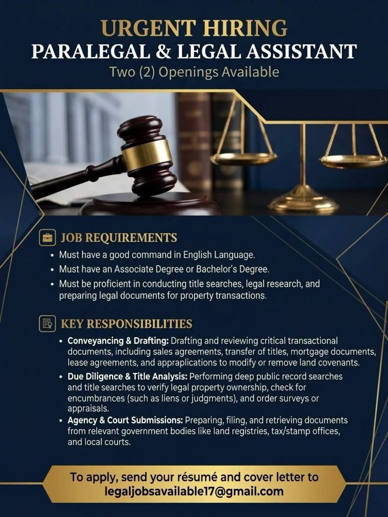 Job advertisement: Paralegal & Legal Assistant – 2 Vacancies Available | Urgent Hiring