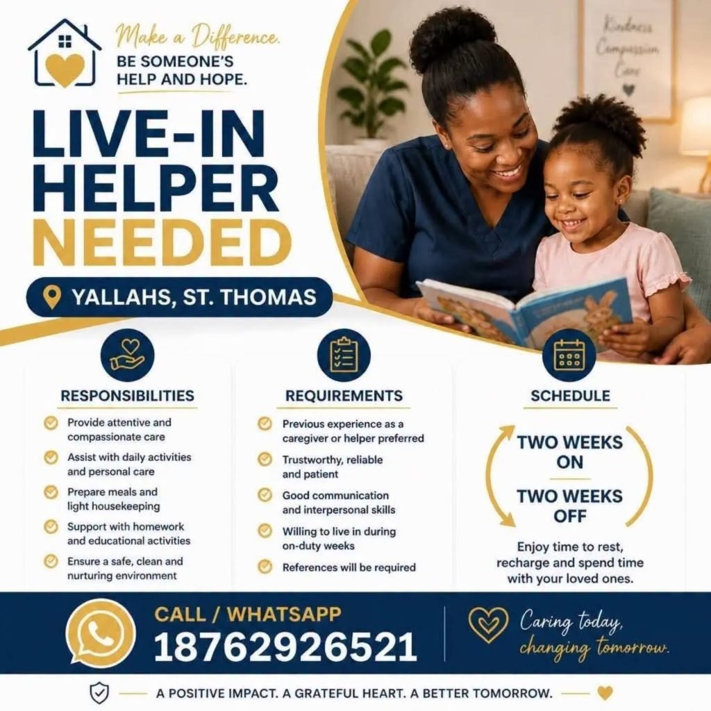 Job advertisement: Live-In Helper Needed in Yallahs, St. Thomas, Jamaica – Caregiver Job Vacancy