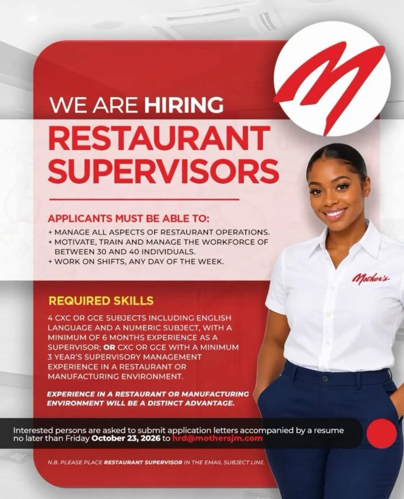 Job advertisement: Restaurant Supervisor – Mother’s Jamaica | Apply by October 23, 2026