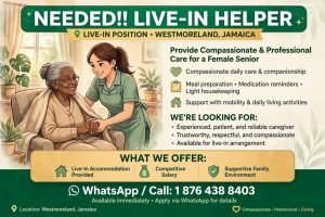 Job advertisement: Live-In Caregiver / Helper Needed – Westmoreland, Jamaica | Immediate Start