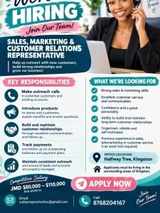 Job advertisement: Sales, Marketing & Customer Relations Representative – Kingston, Jamaica | J$80,000–J$110,000 Monthly