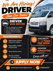 Job advertisement: Van Driver Needed – Kingston, Jamaica | Part-Time (1–3 Days Per Week)