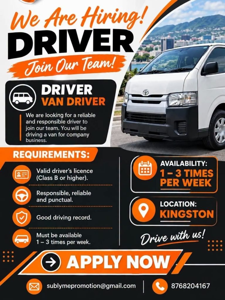 Job advertisement: Van Driver Needed – Kingston, Jamaica | Part-Time (1–3 Days Per Week)