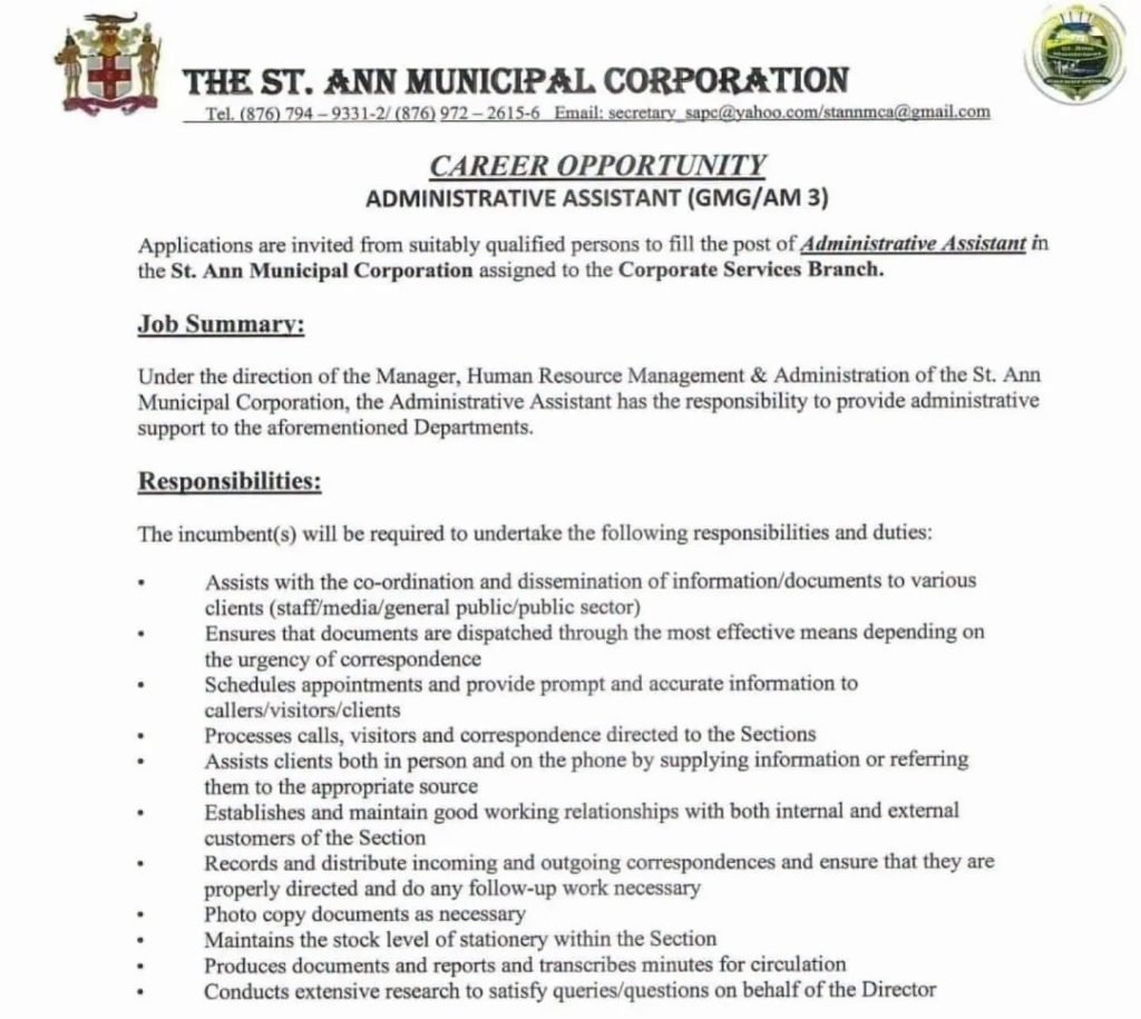 Job advertisement: Administrative Assistant Job – St. Ann Municipal Corporation