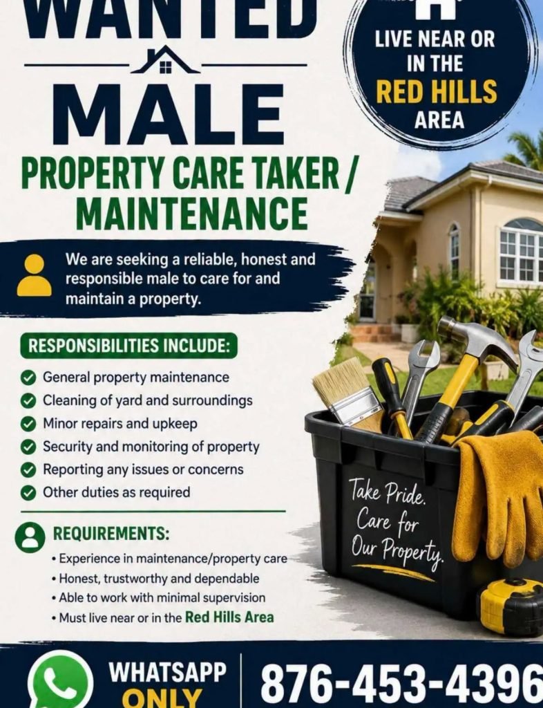 Job advertisement: Property Caretaker & Maintenance Job – Red Hills Jamaica