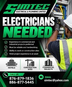 Job advertisement: Electricians Needed in Jamaica – SIMTEC Electrical & Plumbing Limited