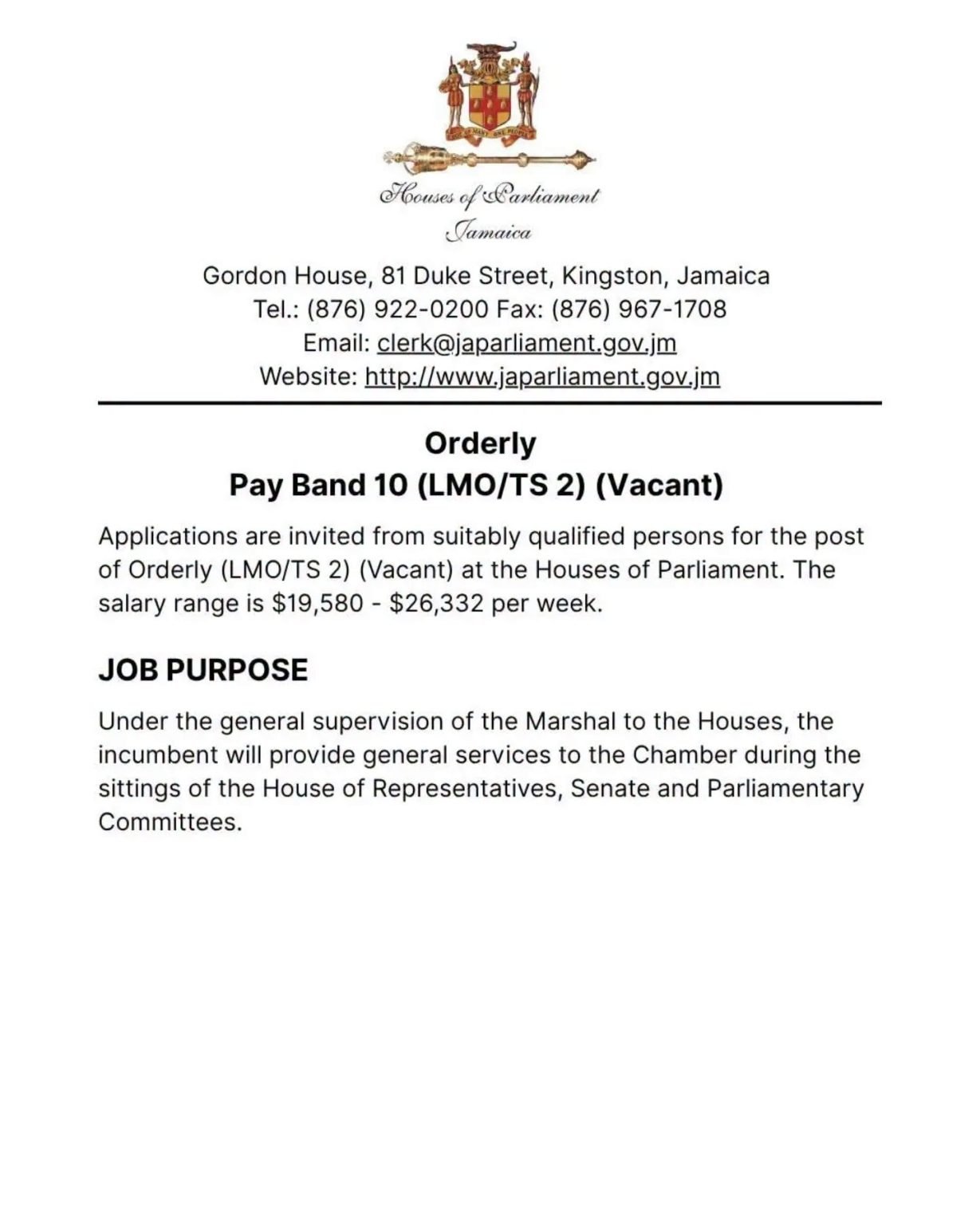 Job 2:10 Houses of Parliament Jamaica – 3 Job Vacancies