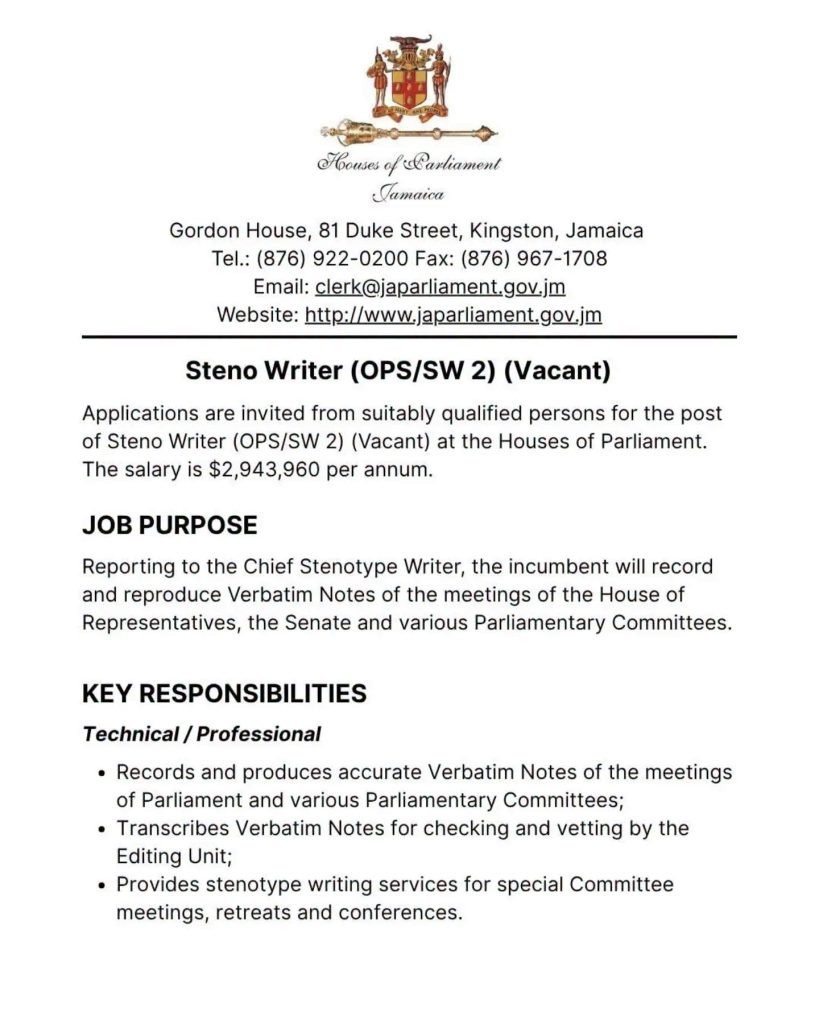 Additional job image 1: Houses of Parliament Jamaica – 3 Job Vacancies