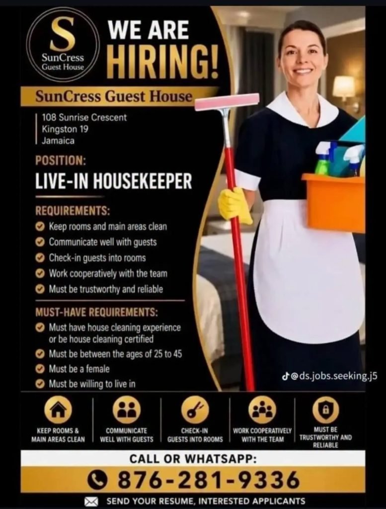 Job advertisement: Live-In Housekeeper Job in Kingston 19 – SunCress Guest House